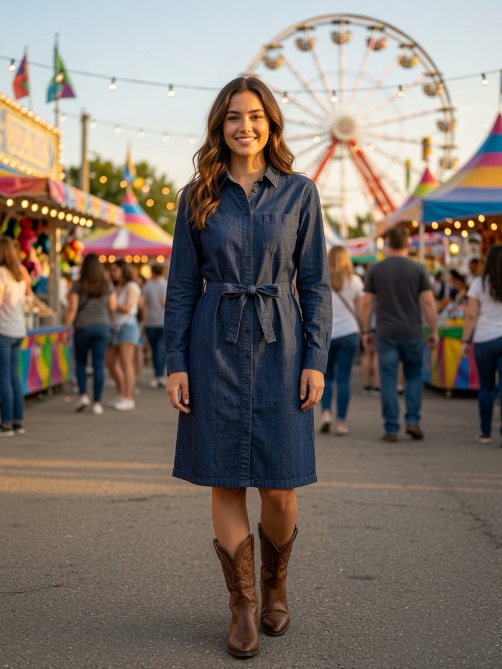 Zara Dark Blue Denim Midi Button Down Shirt Dress with Tie Waist M